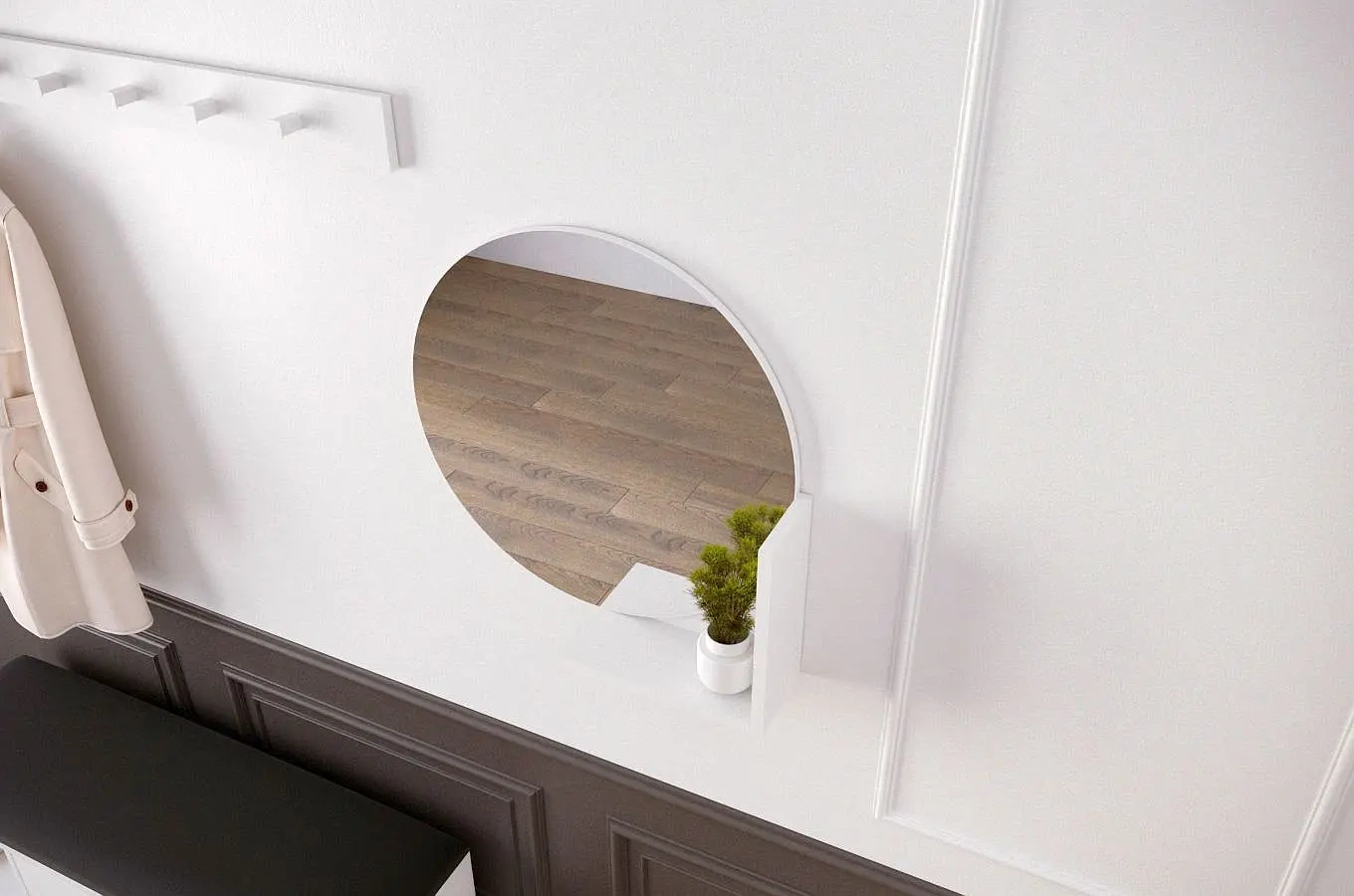 Okrągłe białe lustro z półką Skandica LUCIJA / średnica 60 cm