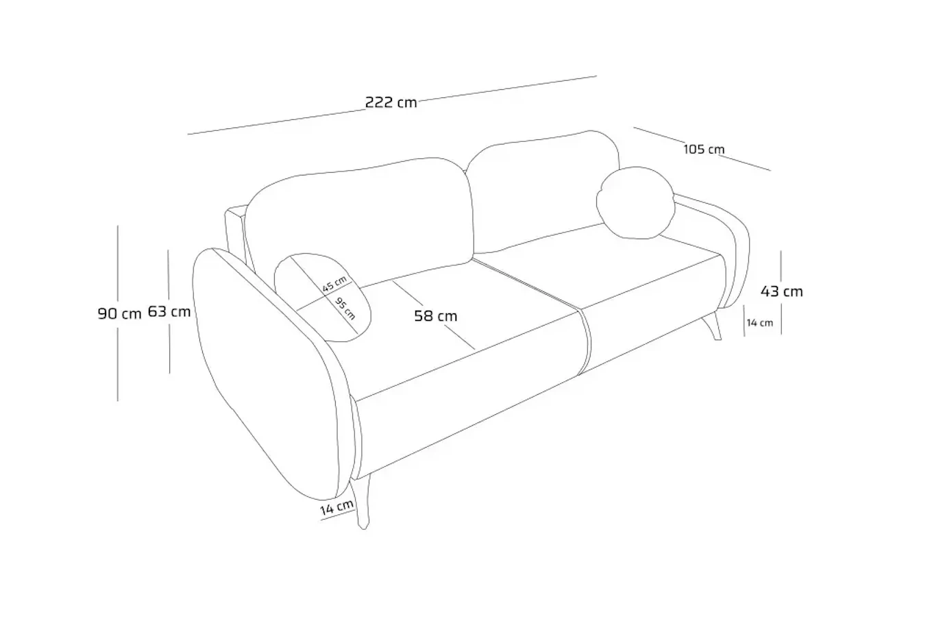 Nowoczesna sofa o obłym kształcie MOMO z funkcją spania i pojemnikiem na pościel / szerokość 222 cm