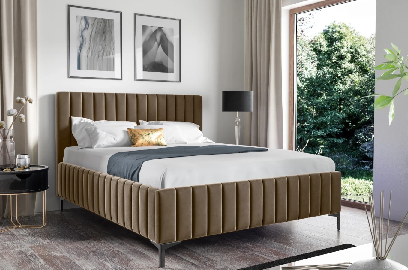 Eleganckie tapicerowane łóżko KORNELIA na metalowych nogach