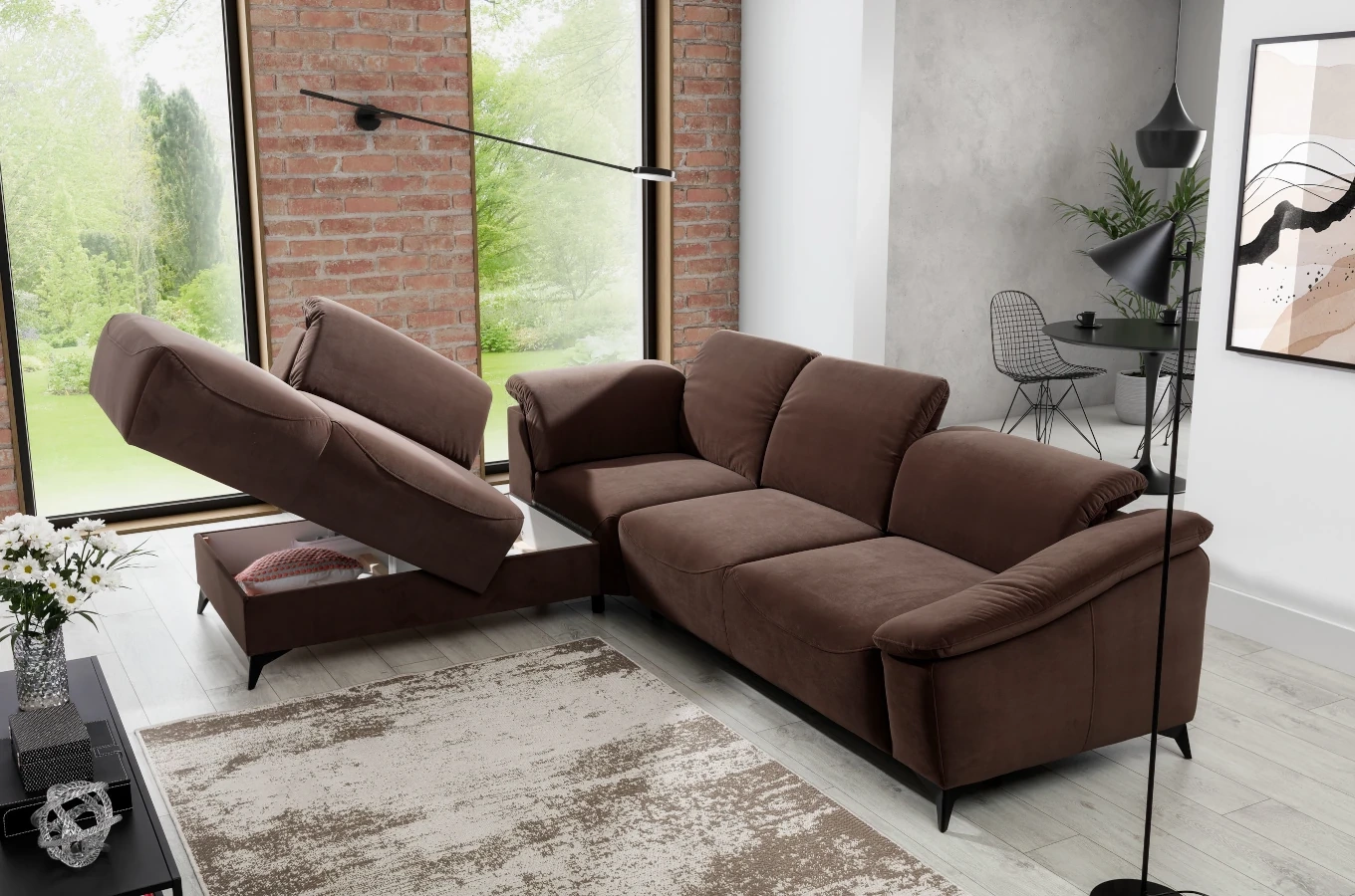 Nowoczesny narożnik CORTEZ z funkcją spania i pojemnikiem na pościel