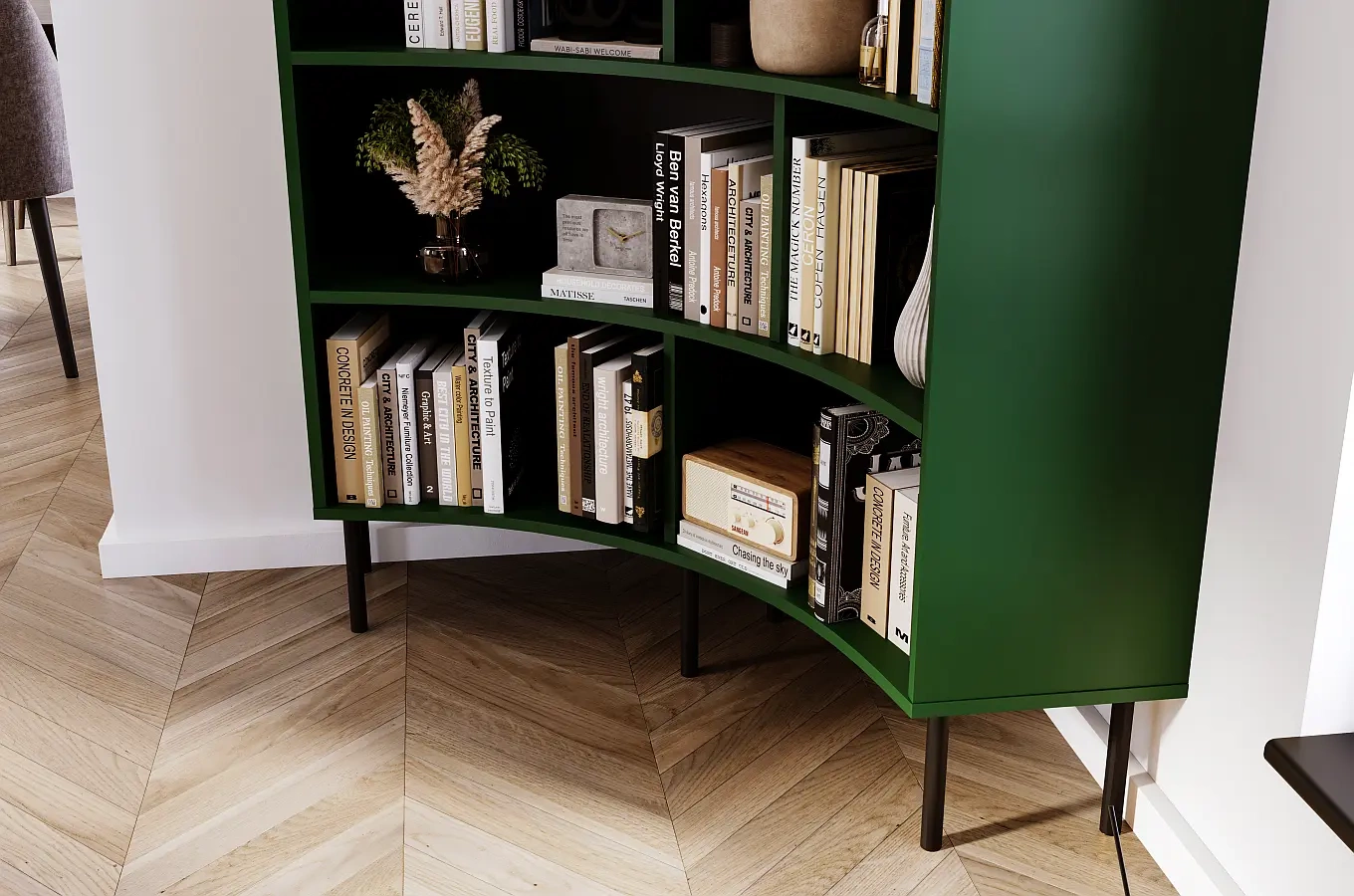 Nowoczesny narożny regał na książki Skandica HORN z czarnymi nogami / zielony / szer. 100 cm