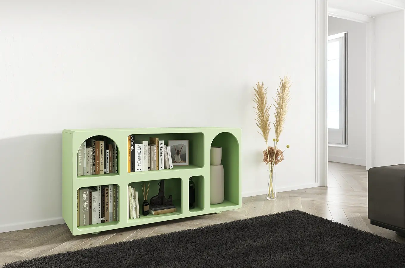 Drewniana komoda - regał - szafka RTV z łukami Visby OLIMPIA LONG / kolor pudrowa zieleń / szer. 140 cm