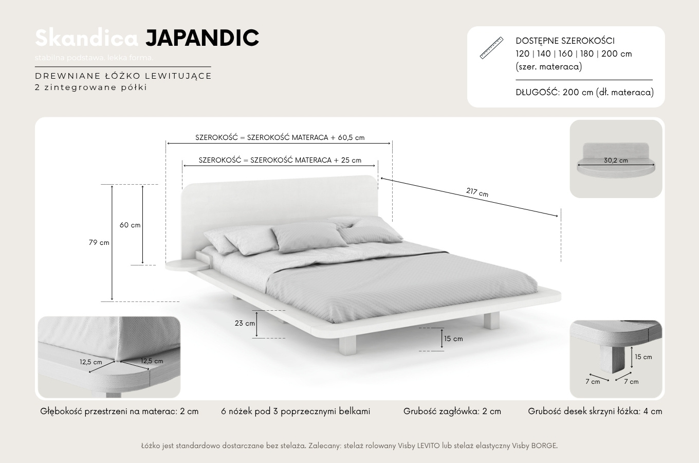 Łóżko lewitujące drewniane bukowe Skandica JAPANDIC / 180x200 cm, kolor naturalny