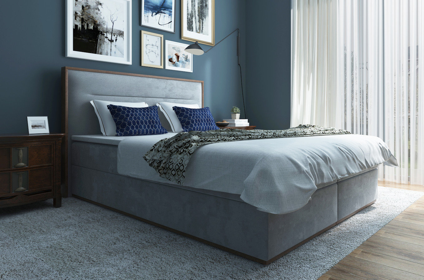 Tapicerowane łóżko kontynentalne PARIS z tapicerowanym zagłówkiem z elementami drewna