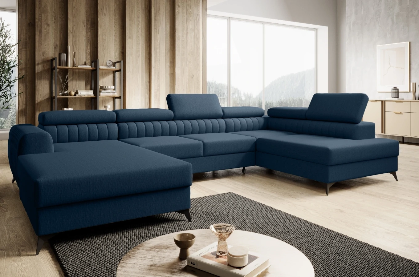 Nowoczesny narożnik PLAZA z funkcją spania i dwoma pojemnikami na pościel