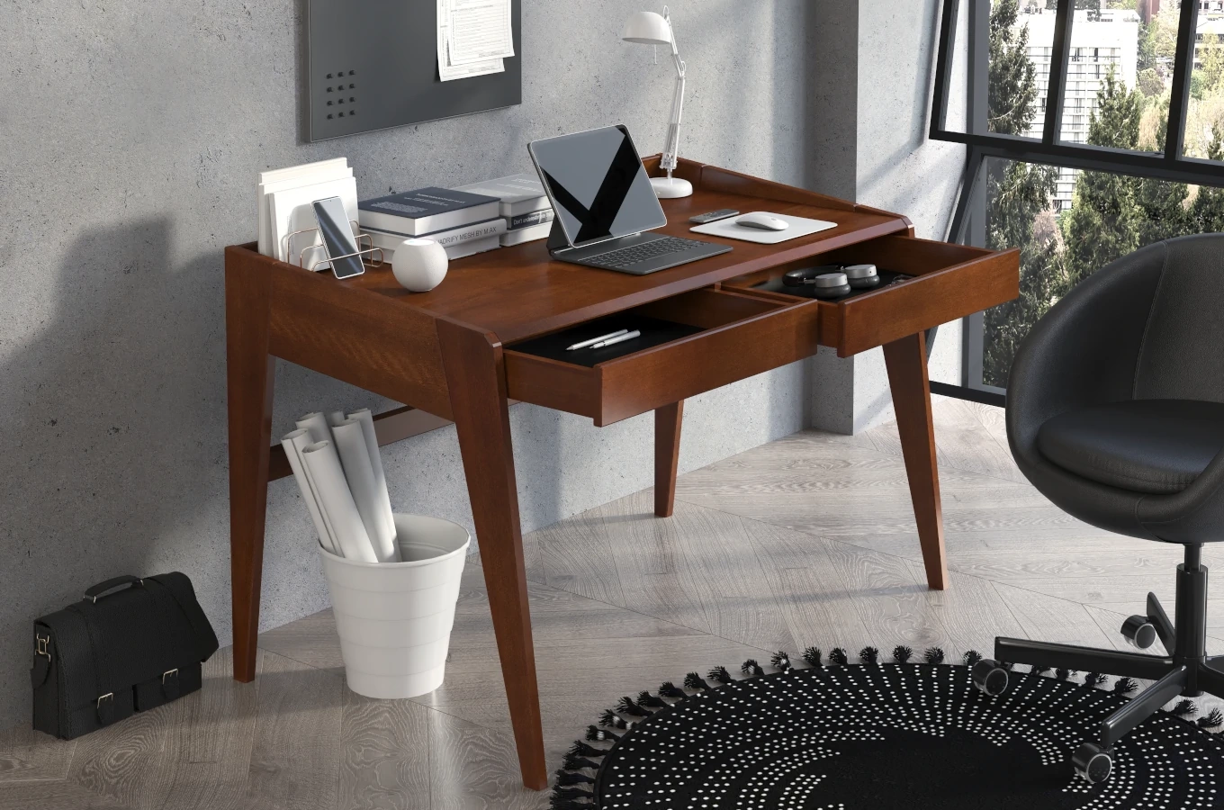 Drewniane bukowe biurko / toaletka z szufladami Visby LISA / kolor orzech