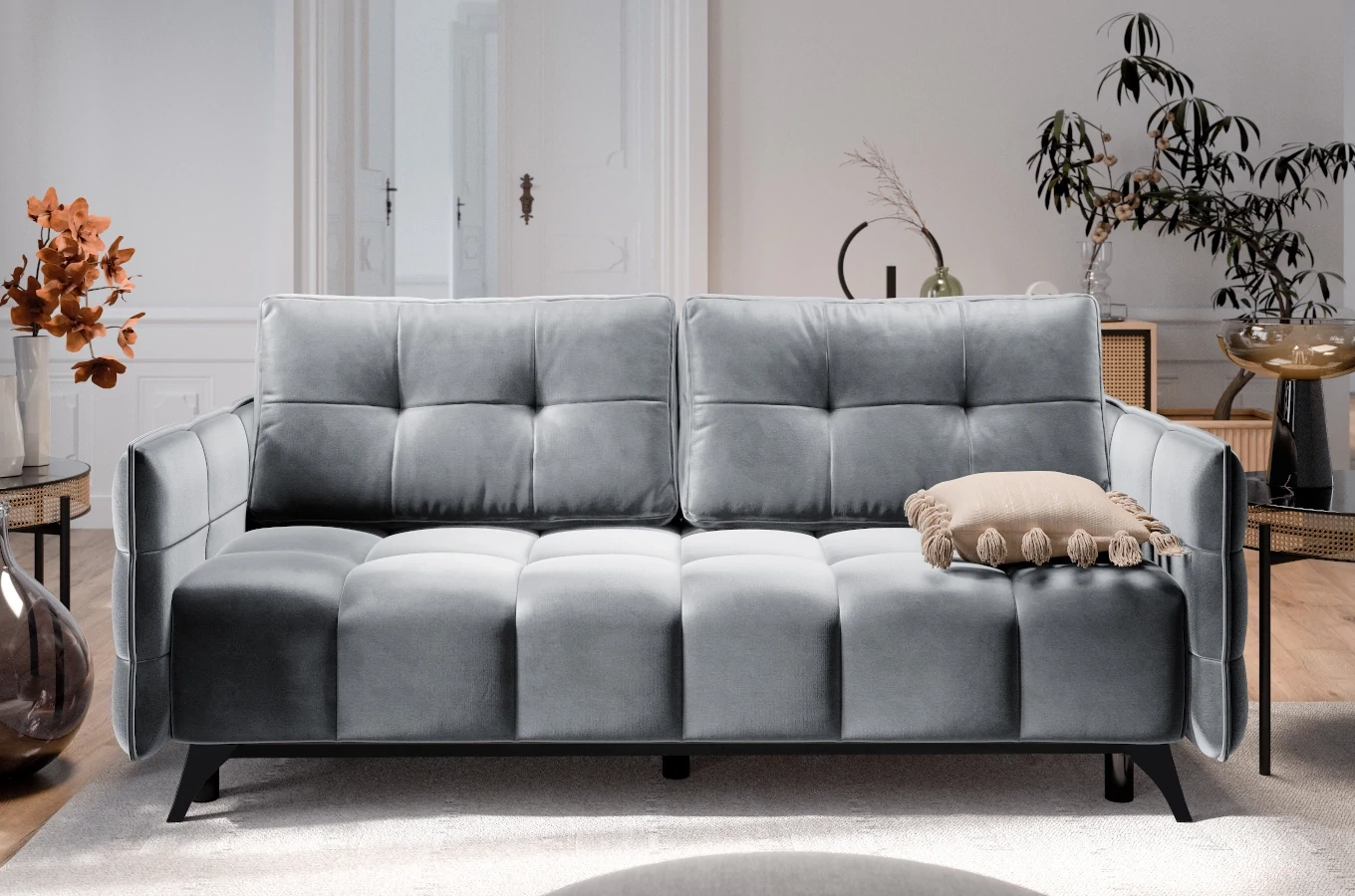 Nowoczesna sofa rozkładana SAMANTA z funkcją spania i pojemnikiem na pościel / szerokość 205 cm