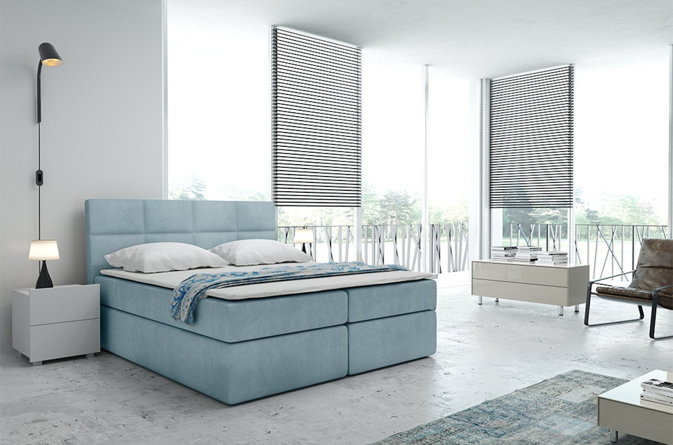 Tapicerowane łóżko kontynentalne BOLMAN z zagłówkiem pikowanym w prostokąty