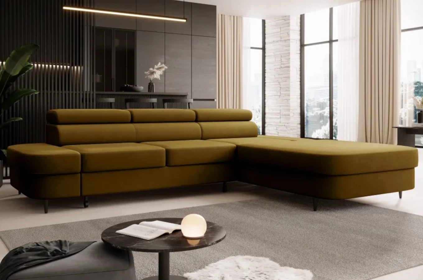 Nowoczesny narożnik TANZANIT J z funkcją spania i pojemnikiem na pościel