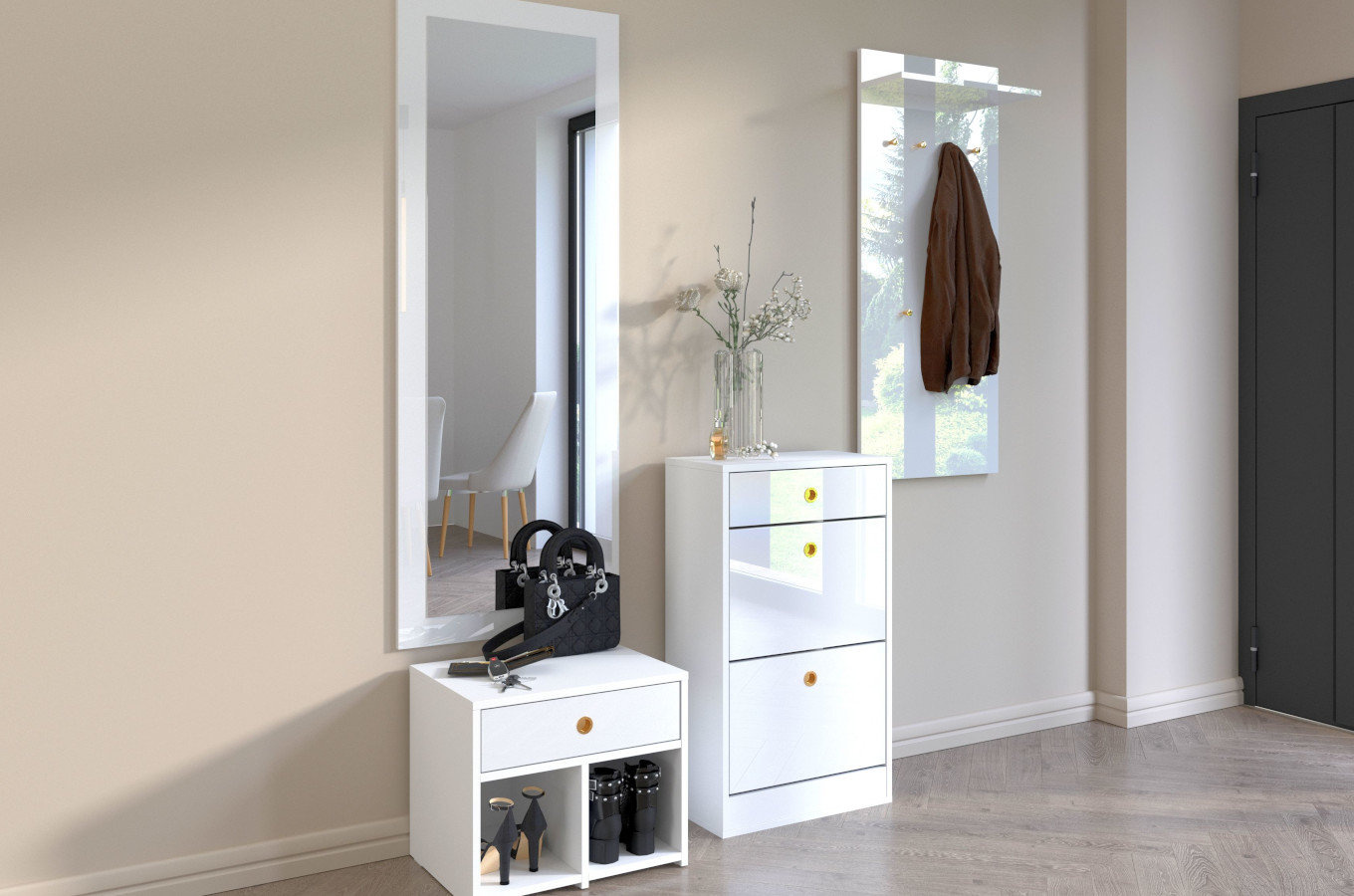 Biała szafka - siedzisko z półkami i szufladą Dancan MIRAGE wysoki połysk / szer. 54 cm