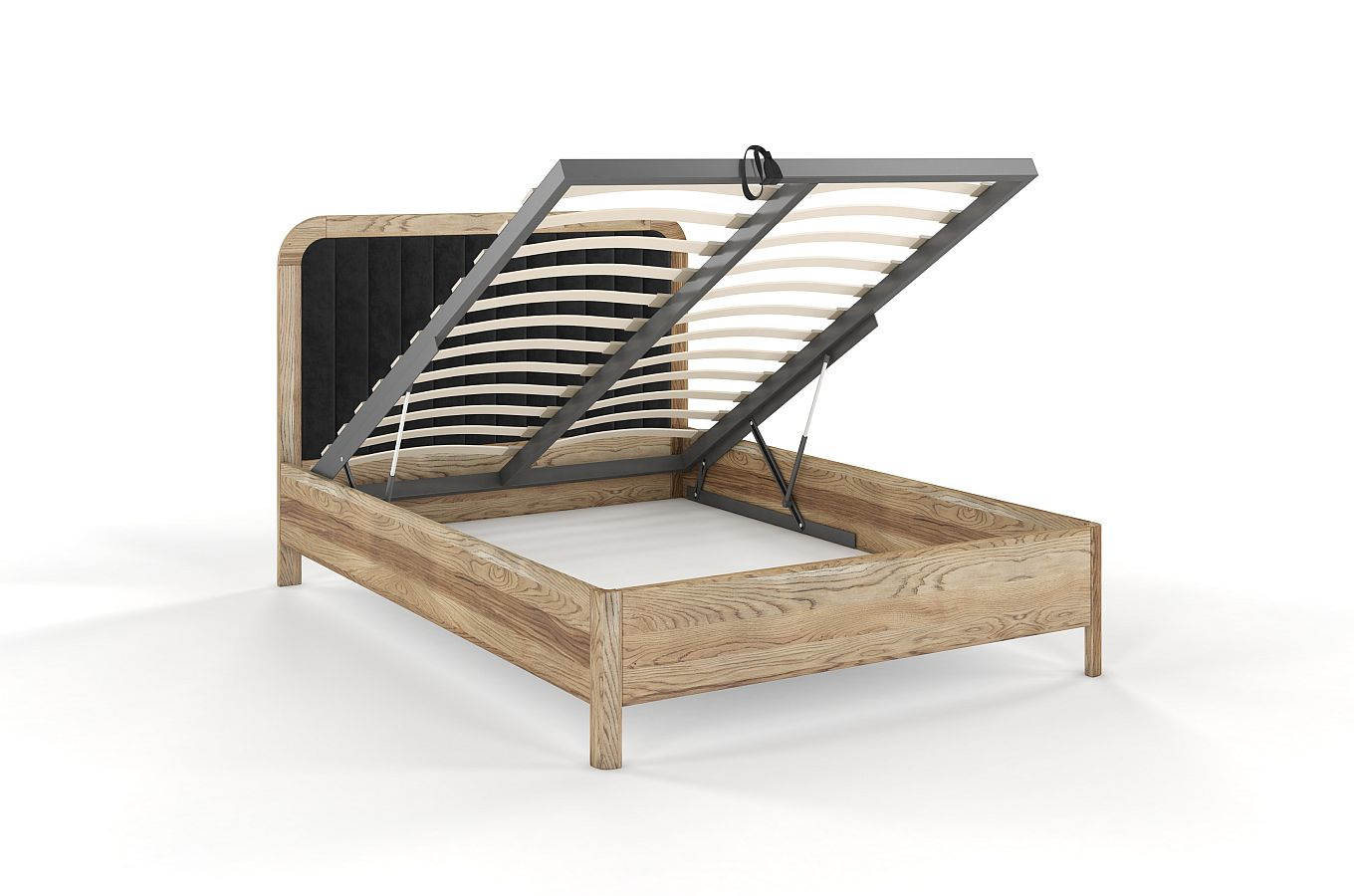 Tapicerowane łóżko drewniane dębowe Visby MODENA BC z wysokim zagłówkiem (skrzynia na pościel)