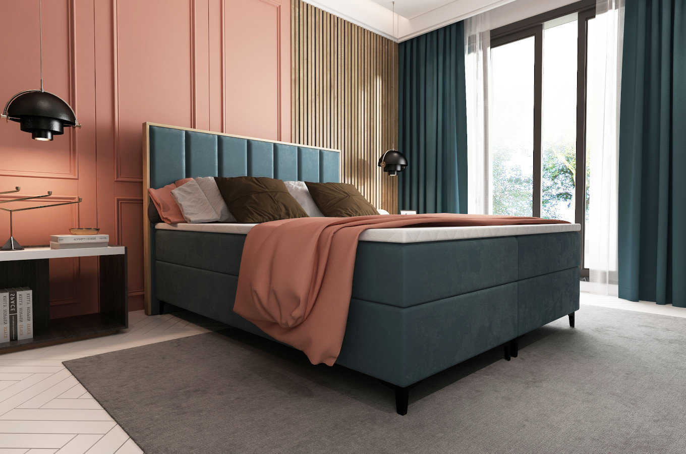 Tapicerowane łóżko kontynentalne LONDON z zagłówkiem z pionowymi przeszyciami i elementami drewna