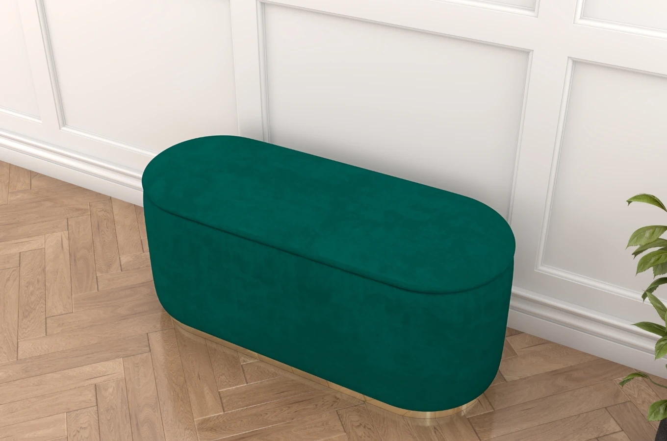 Zielony owalny puf ze schowkiem Dancan SCARLETT na złotej podstawie