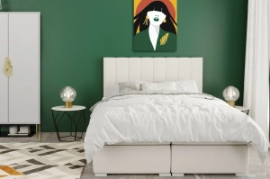 Eleganckie tapicerowane łóżko kontynentalne do sypialni MADAM z pojemnikiem na pościel