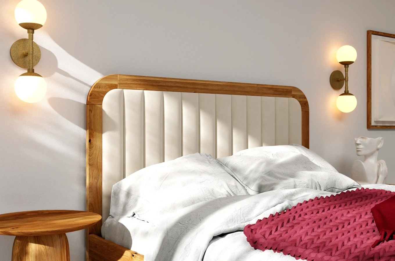 Tapicerowane łóżko drewniane dębowe Visby MODENA BC z wysokim zagłówkiem / 180x200 cm, lakier naturalny, zagłówek Casablanca 2301 (skrzynia na pościel)