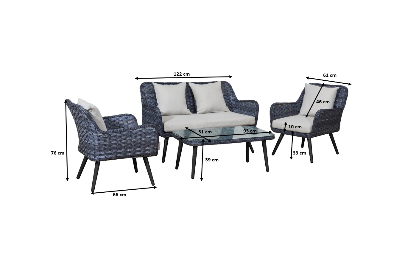 Zestaw mebli ogrodowych z technorattanu BLATTEN / Stół + 2 fotele + sofa