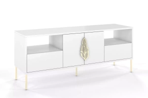 Biała komoda RTV Skandica MERLIN ze złotymi dodatkami / szer. 138 cm