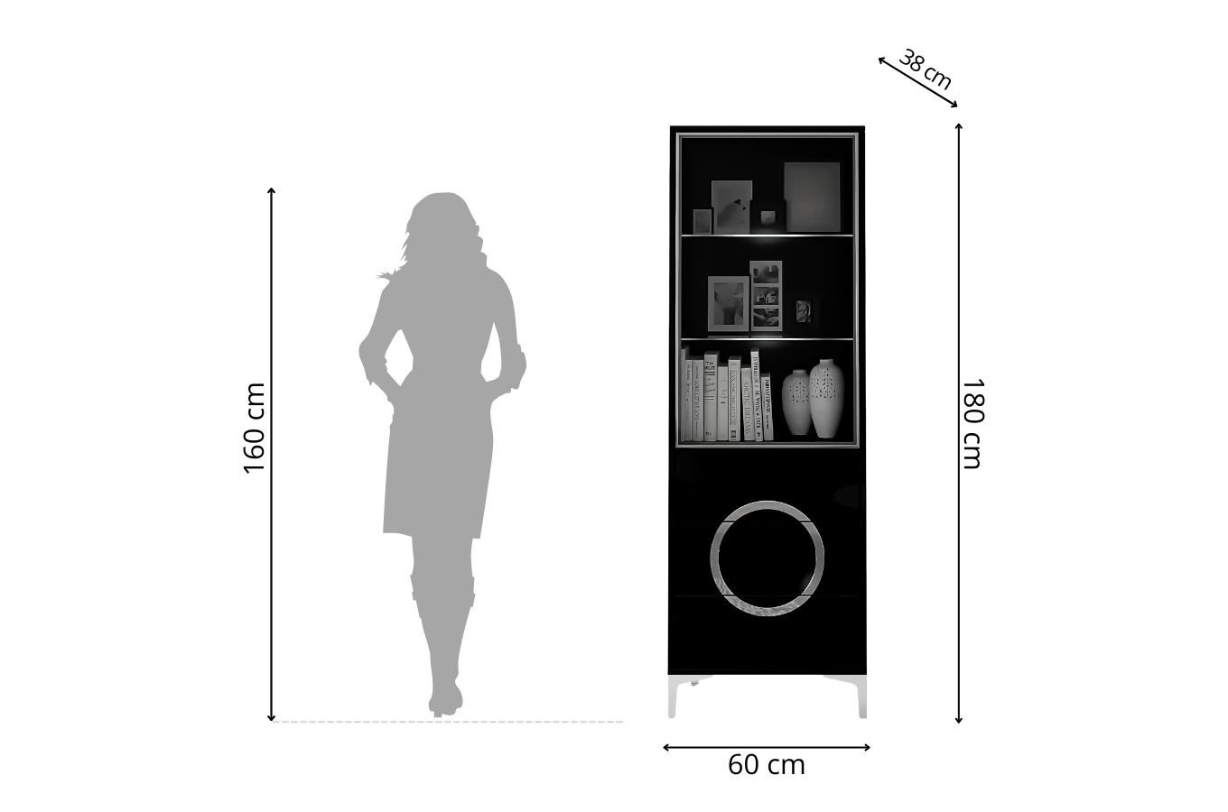 Czarna nowoczesna witryna Dancan EVA ze szklanymi drzwiami połysk / szer. 60 cm