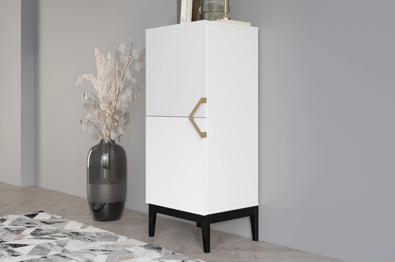 Drewniana komoda Visby DEMI HIGH 2D / kolor biały + czarne nogi / szer. 50,5 cm