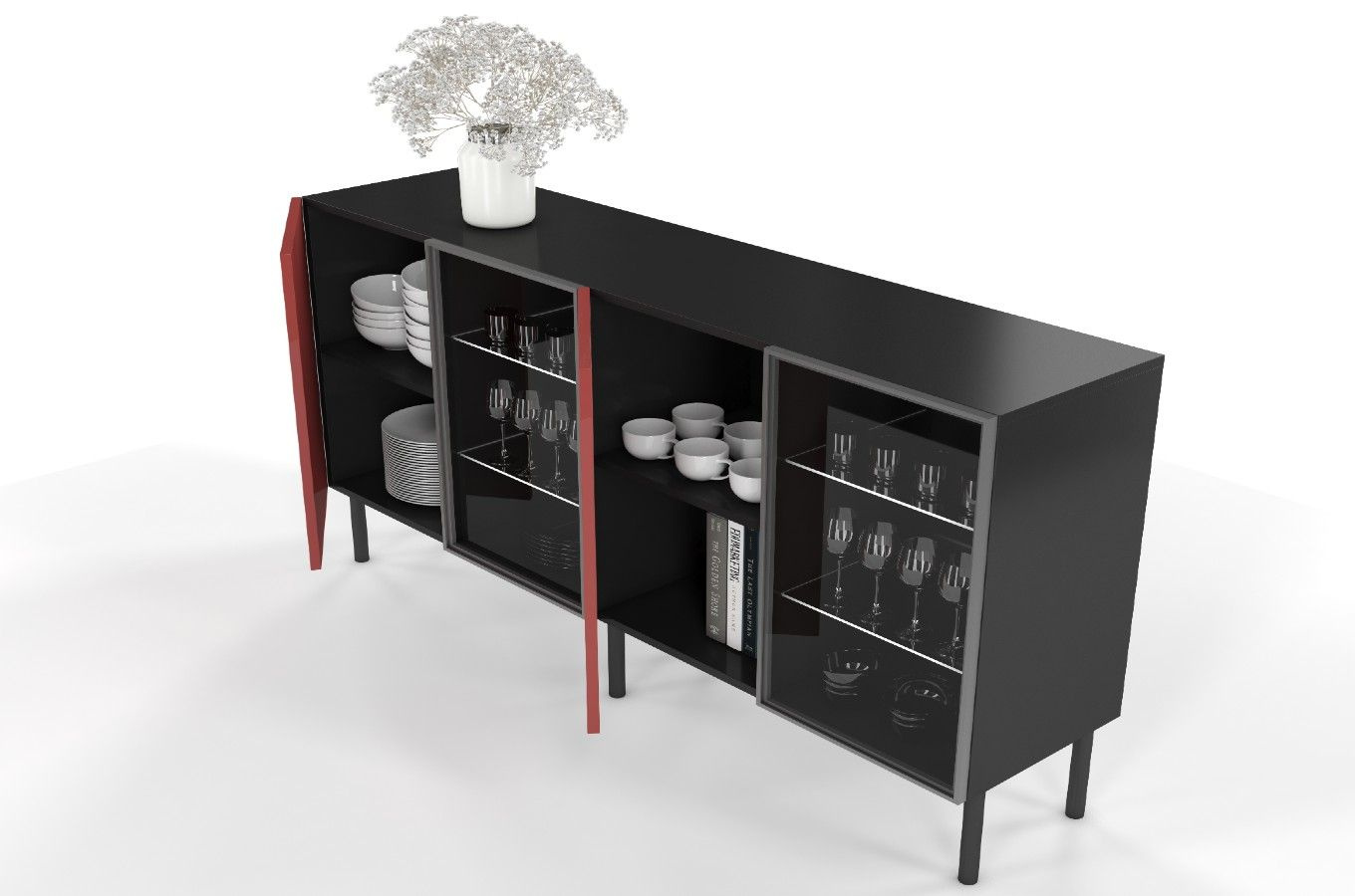 Podświetlana komoda witryna połysk Skandica Lilka czarna-czerwona na nóżkach / szer. 138 cm