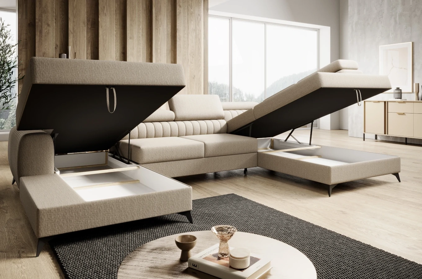 Nowoczesny narożnik PLAZA z funkcją spania i dwoma pojemnikami na pościel