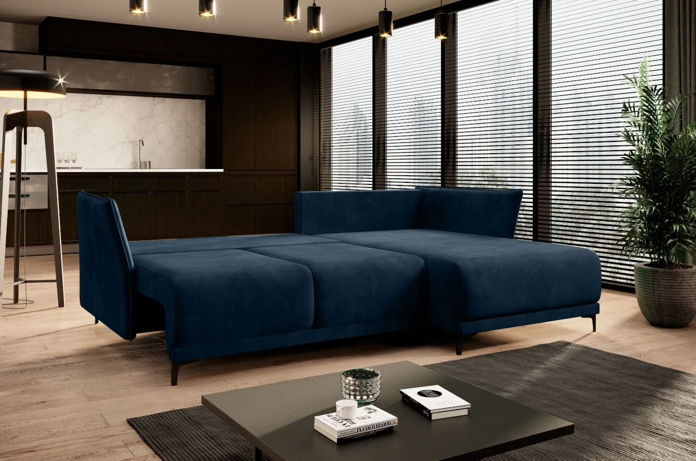 Nowoczesny narożnik MORGAN z funkcją spania i pojemnikiem na pościel