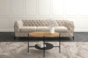 Nowoczesny stolik kawowy Dancan ARENA / czarna podstawa + dębowy i czarny blat