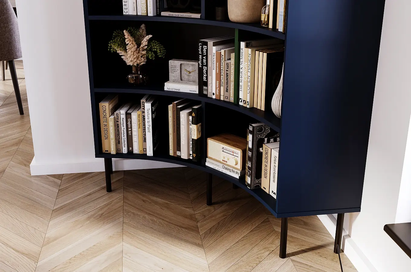 Nowoczesny narożny regał na książki Skandica HORN z czarnymi nogami / granatowy / szer. 100 cm