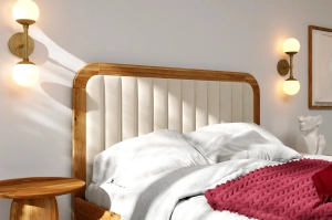 Tapicerowane łóżko drewniane dębowe Visby MODENA BC z wysokim zagłówkiem / 140x200 cm, olej naturalny, zagłówek Casablanca 2301 (skrzynia na pościel)