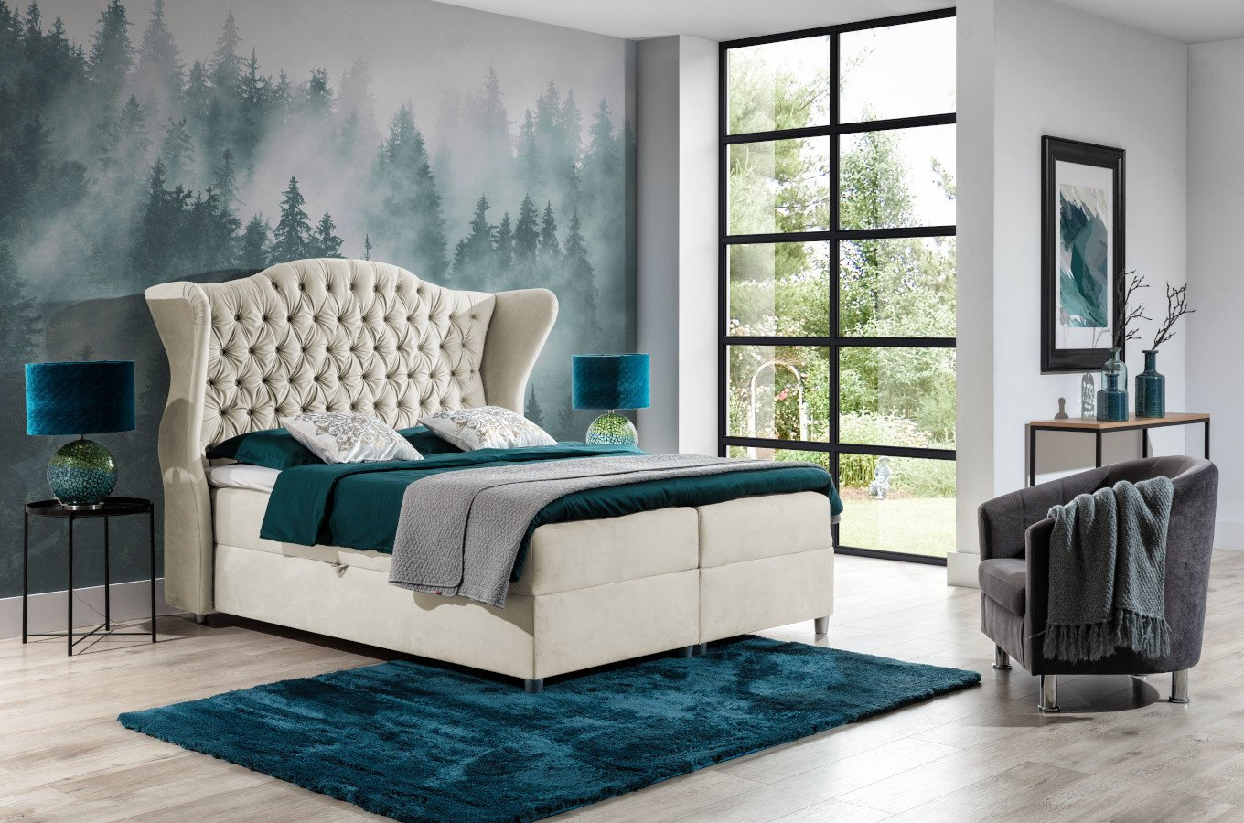 Eleganckie tapicerowane łóżko kontynentalne VASTO z pikowaniem chesterfield na zagłówku