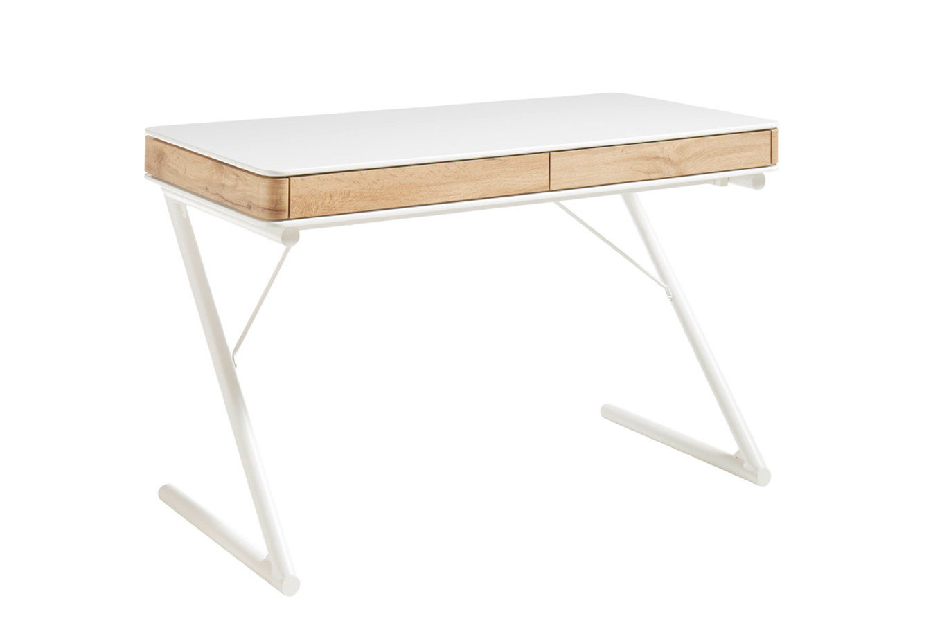 Nowoczesne biurko biało-dębowe z szufladami BUKAREST na metalowych nogach / 120x60 cm