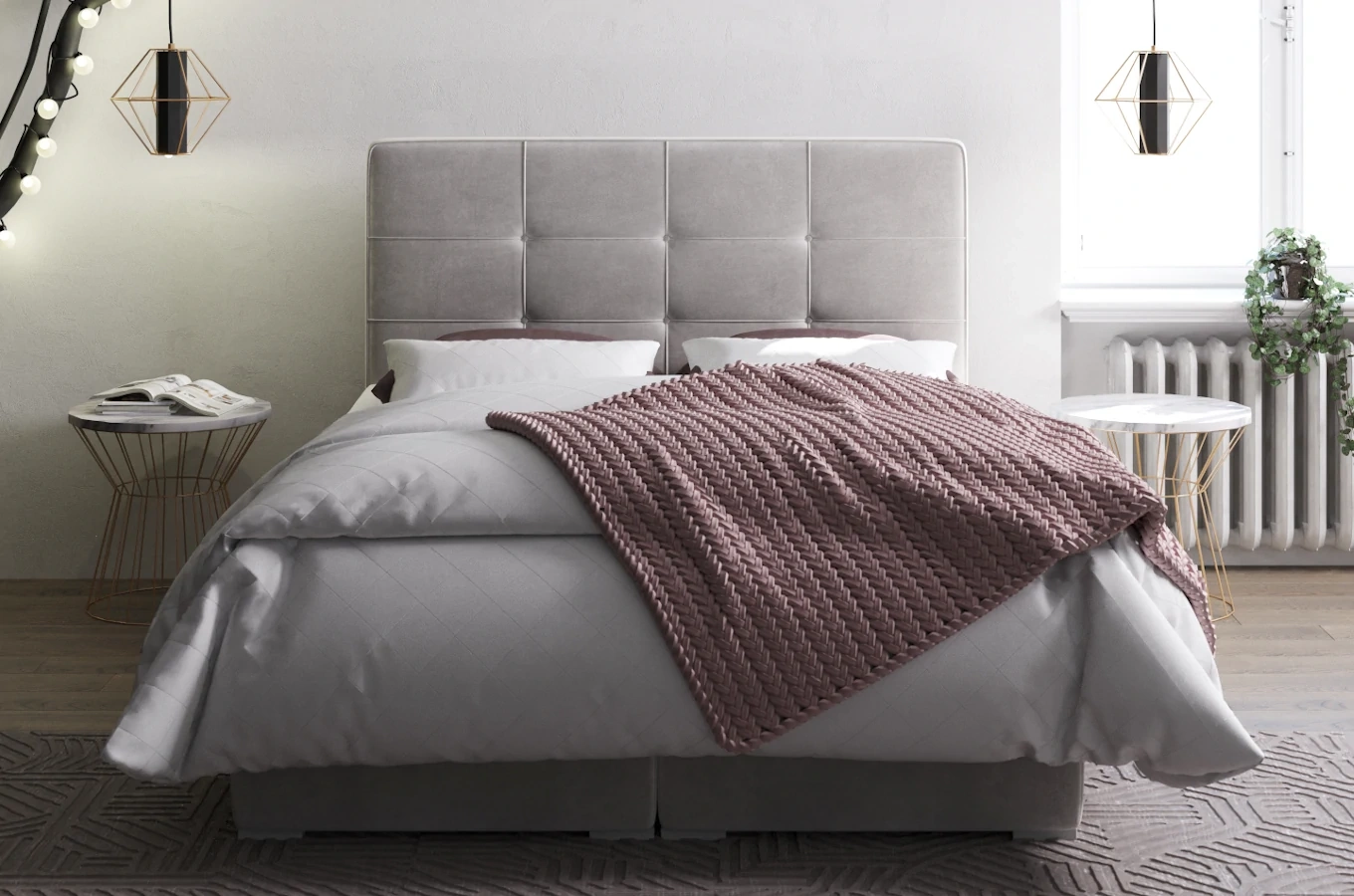 Eleganckie tapicerowane łóżko kontynentalne do sypialni CESAR z pojemnikiem na pościel