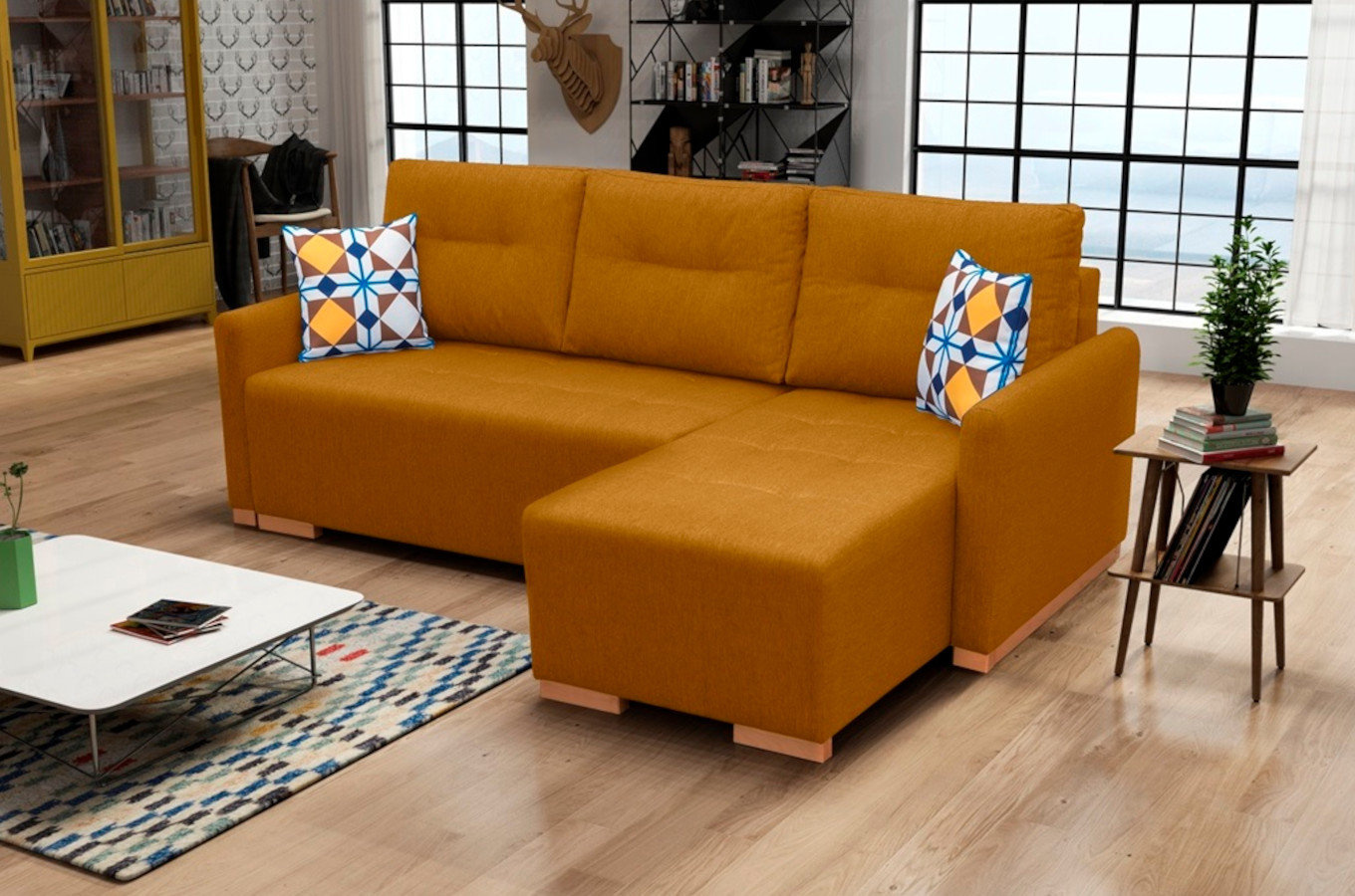 Rozkładany narożnik FIESTA z pojemnikiem na pościel w skandynawskim stylu