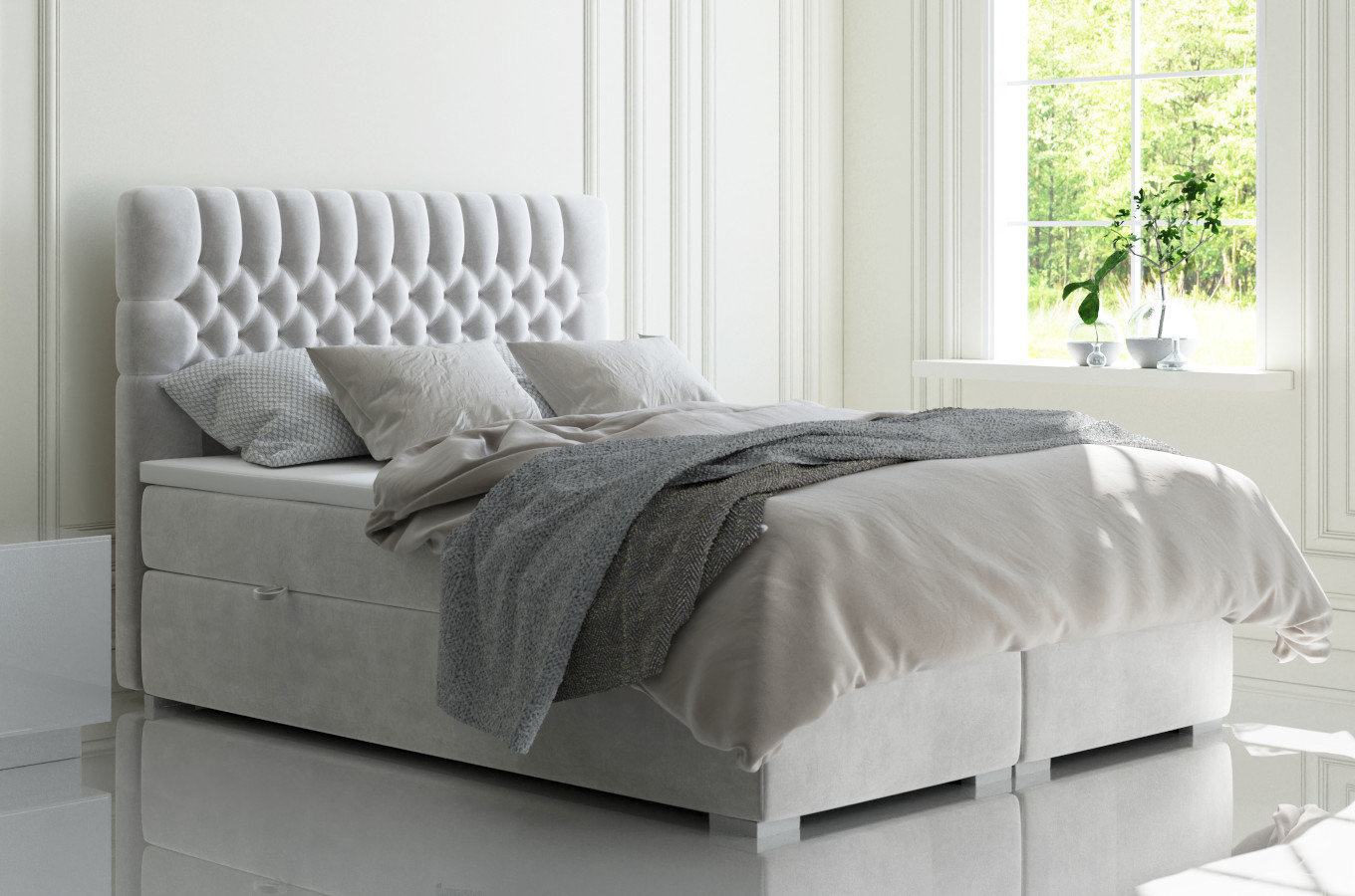 Eleganckie tapicerowane łóżko kontynentalne do sypialni ROYAL z pojemnikiem na pościel