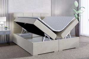 Eleganckie tapicerowane łóżko kontynentalne do sypialni CESAR z pojemnikiem na pościel