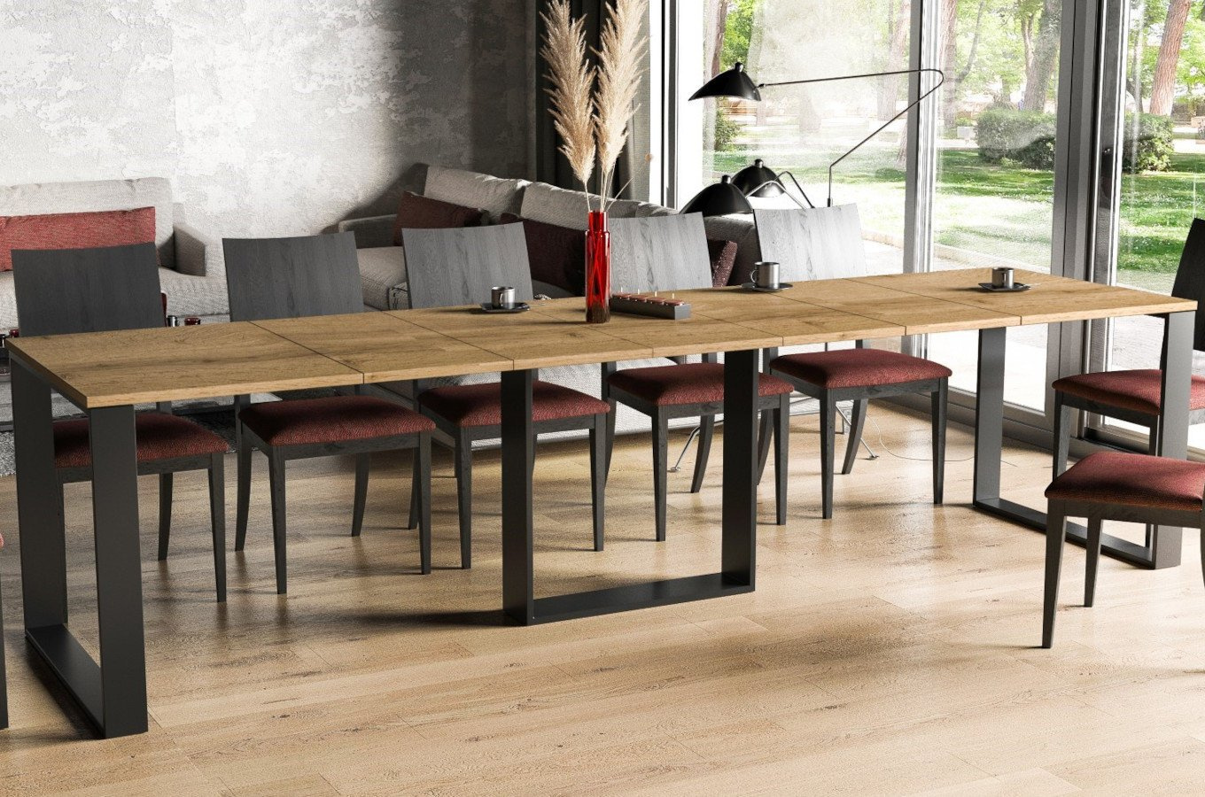 Nowoczesny rozkładany stół BORYS na metalowych nogach 130-330 x 80 cm (dąb wotan)