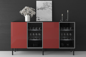 Podświetlana komoda witryna połysk Skandica Lilka czarna-czerwona na nóżkach / szer. 138 cm