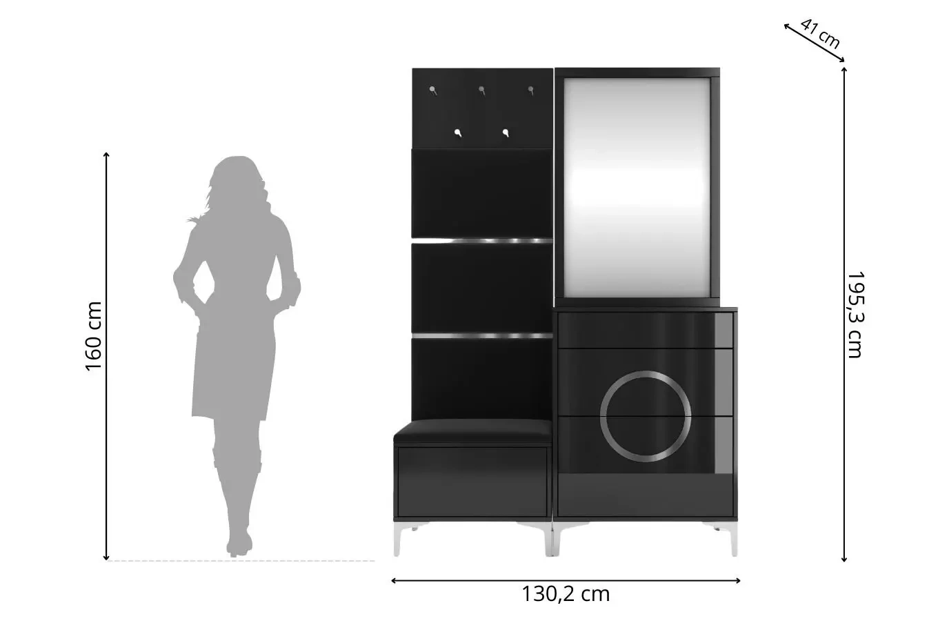 Elegancki, czarny zestaw mebli do przedpokoju Dancan EVELINE / wysoki połysk