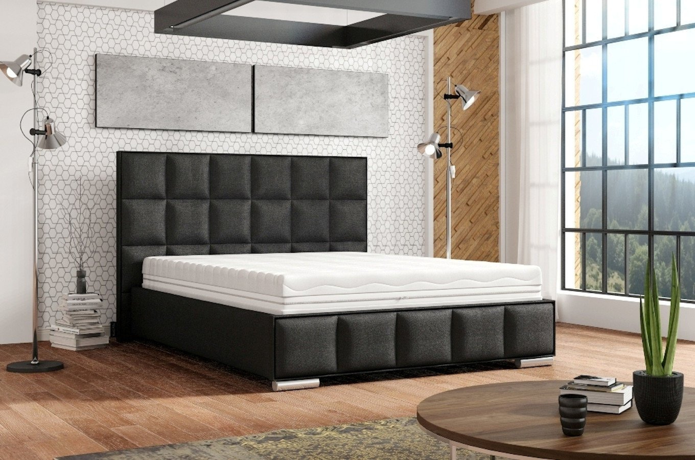 Klasyczne łóżko tapicerowane do sypialni PATRIZIA przeszycia w kwadraty