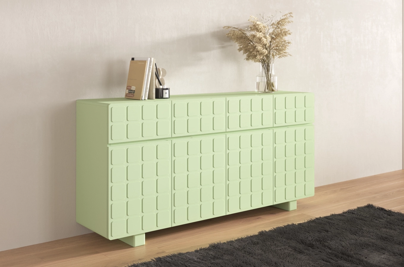 Nowoczesna komoda z frontami 3D Skandica CUBO LONG / kolor pudrowa zieleń / szer. 169 cm