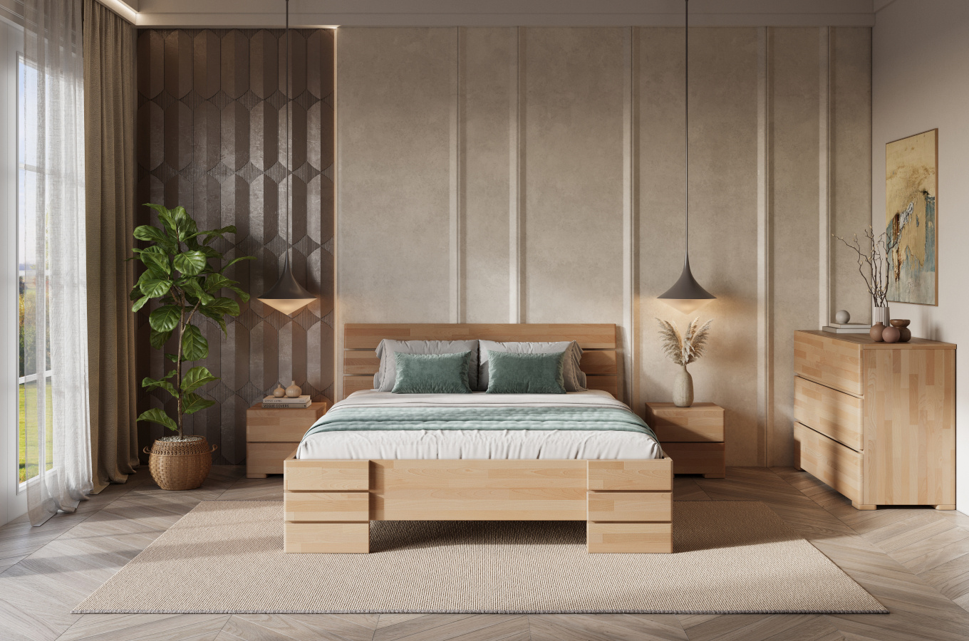 Łóżko drewniane bukowe Visby Sandemo High BC (Skrzynia na pościel) / 180x200 cm, kolor palisander