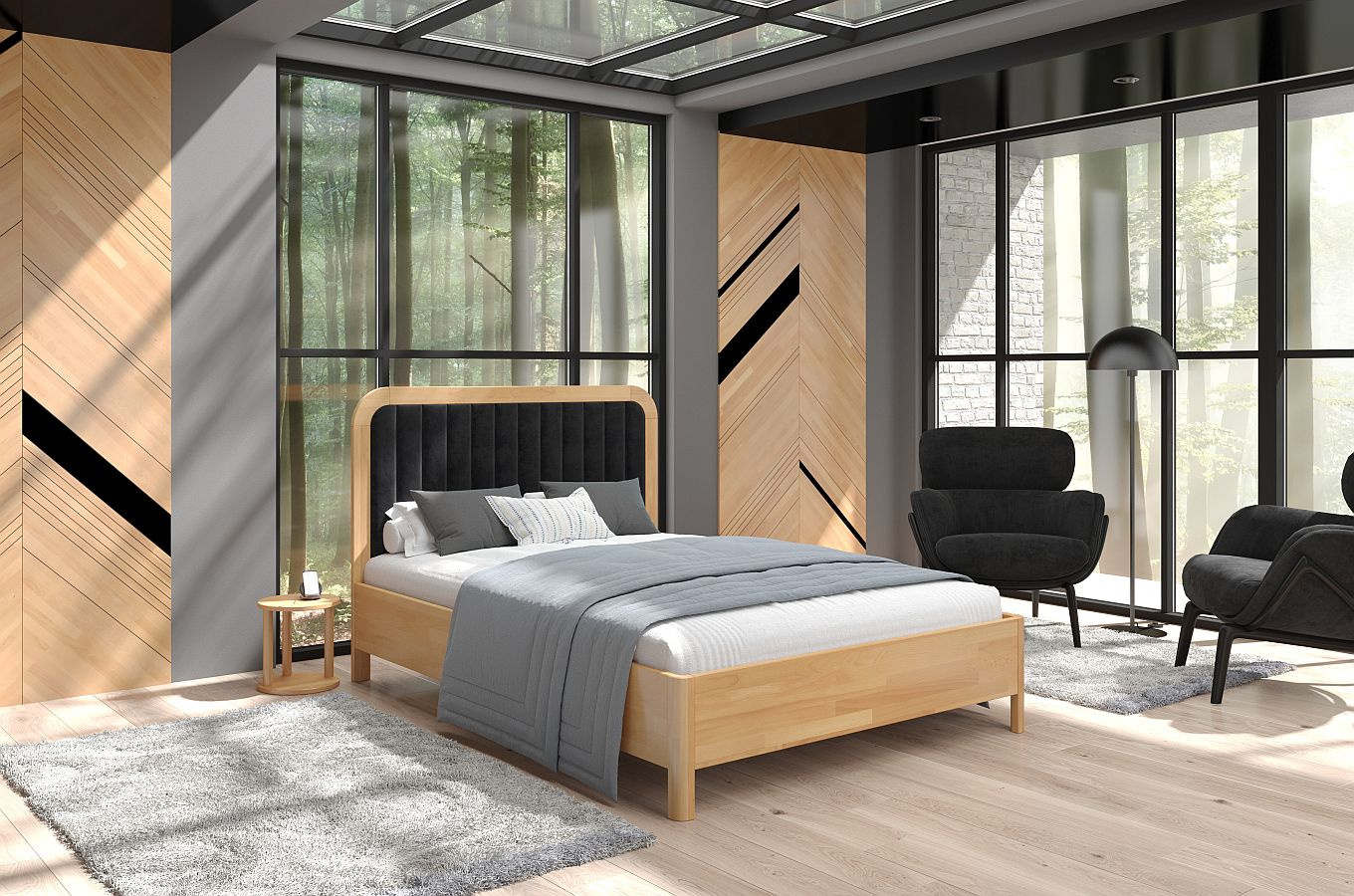 Tapicerowane łóżko drewniane bukowe Visby MODENA z wysokim zagłówkiem / 180x200 cm, kolor naturalny, zagłówek Casablanca 2316
