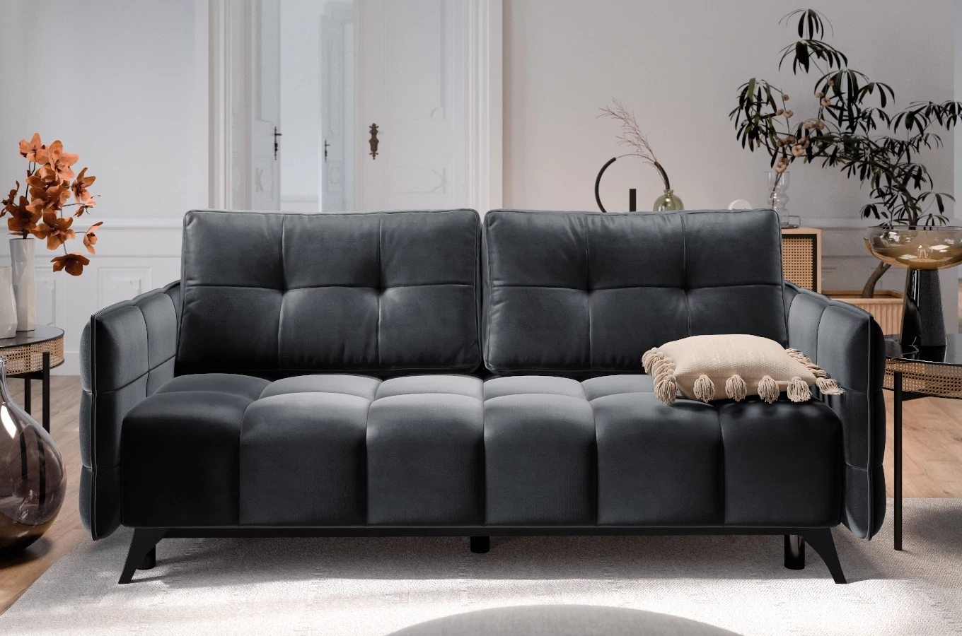 Nowoczesna sofa rozkładana SAMANTA z funkcją spania i pojemnikiem na pościel / szerokość 205 cm