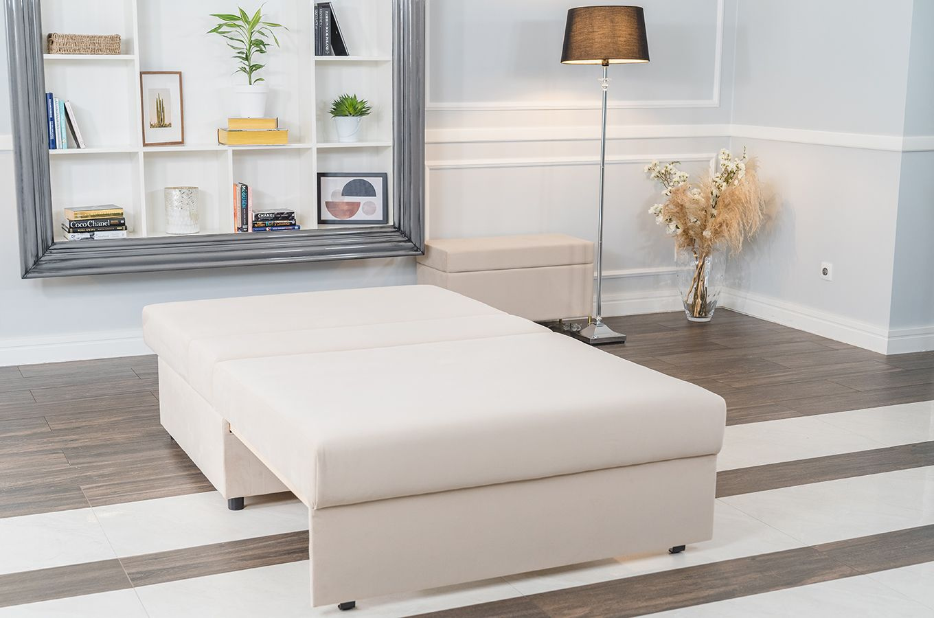Nowoczesna rozkładana sofa Dancan OLGA z funkcją spania i pojemnikiem na pościel / 4 szerokości + 5 kolorów do wyboru!