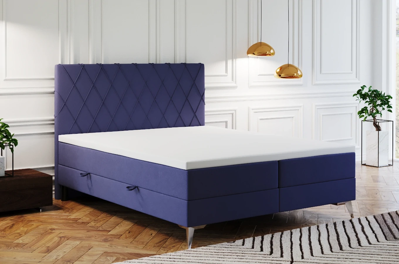 Eleganckie tapicerowane łóżko kontynentalne GEORGE z pojemnikiem na pościel