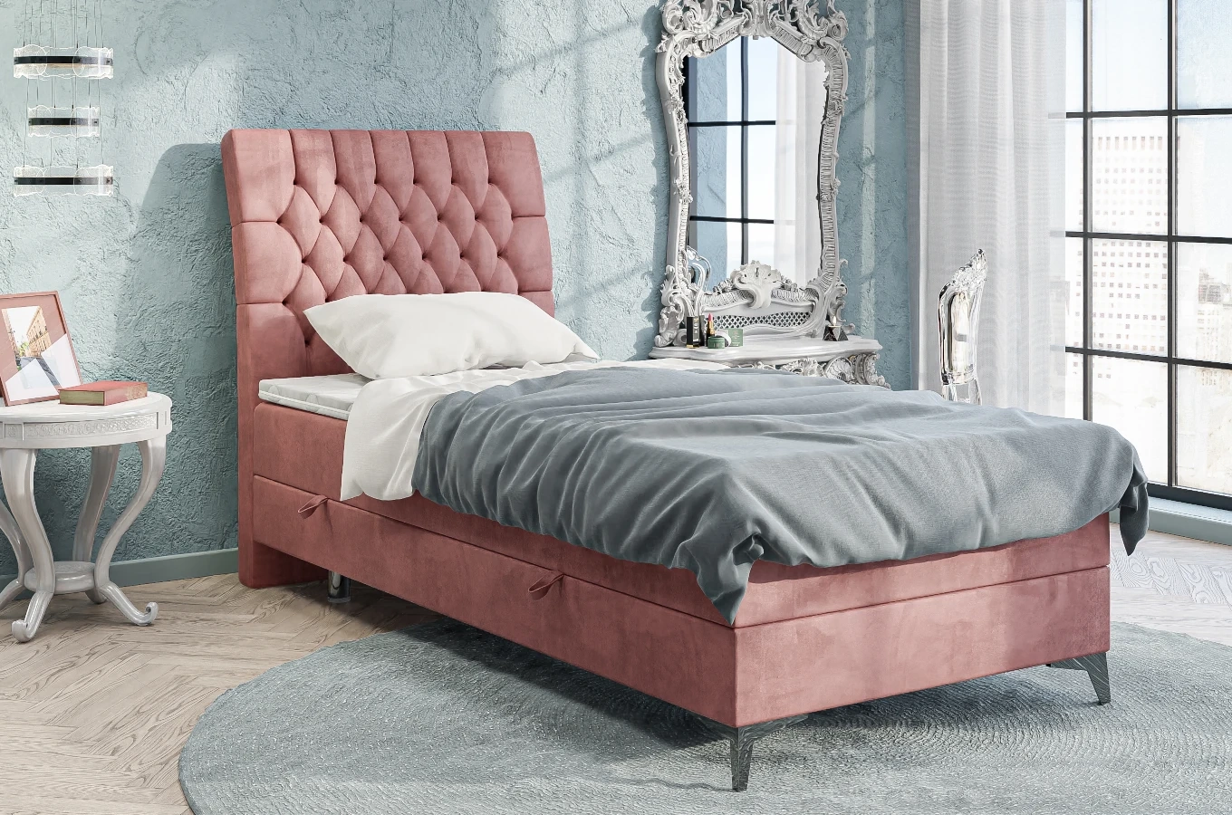 Eleganckie tapicerowane łóżko kontynentalne do sypialni PALACE z pojemnikiem na pościel