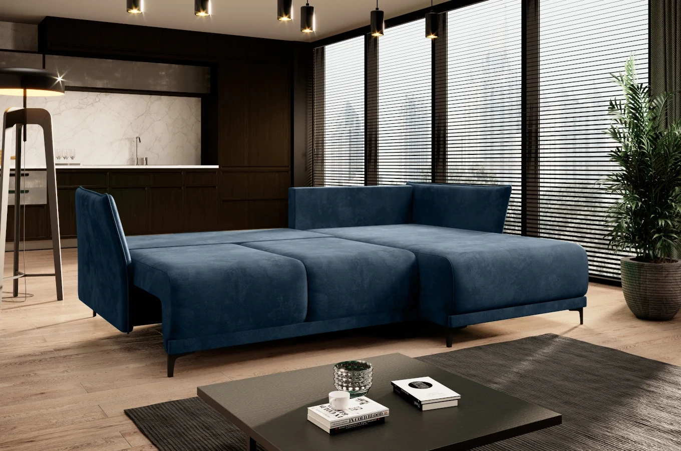 Nowoczesny narożnik MORGAN z funkcją spania i pojemnikiem na pościel