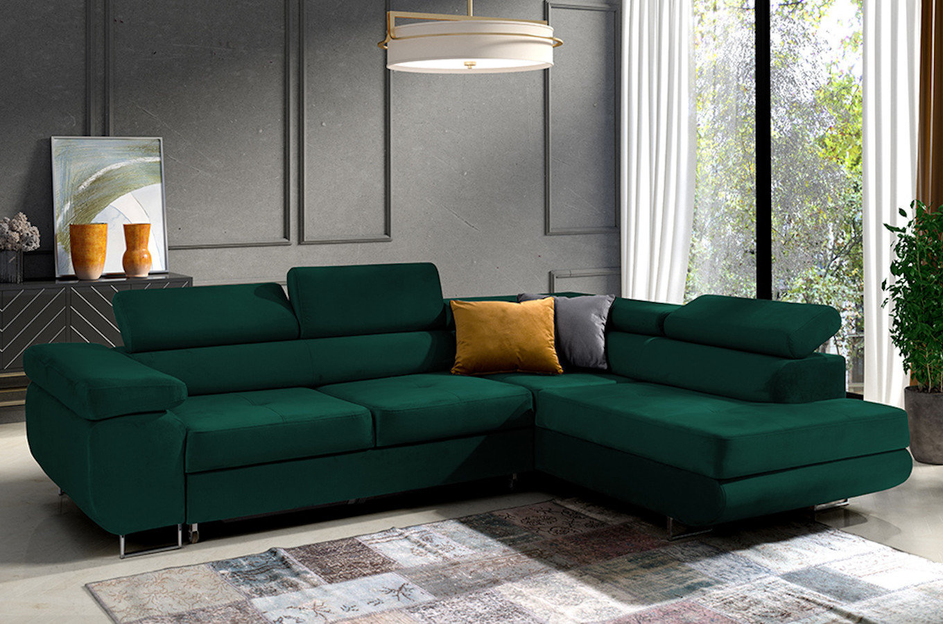 Nowoczesny narożnik DAJTI z funkcją spania, pojemnikiem na pościel oraz regulowanymi zagłówkami