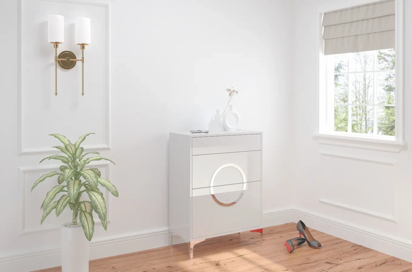 Biało-srebrna komoda Dancan EVELINE wysoki połysk / szer. 70 cm