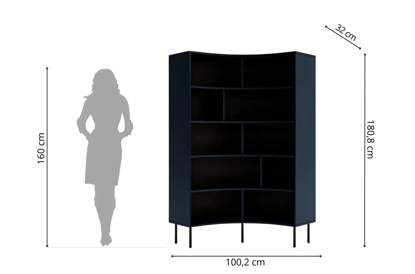 Nowoczesny narożny regał na książki Skandica HORN z czarnymi nogami / granatowy / szer. 100 cm